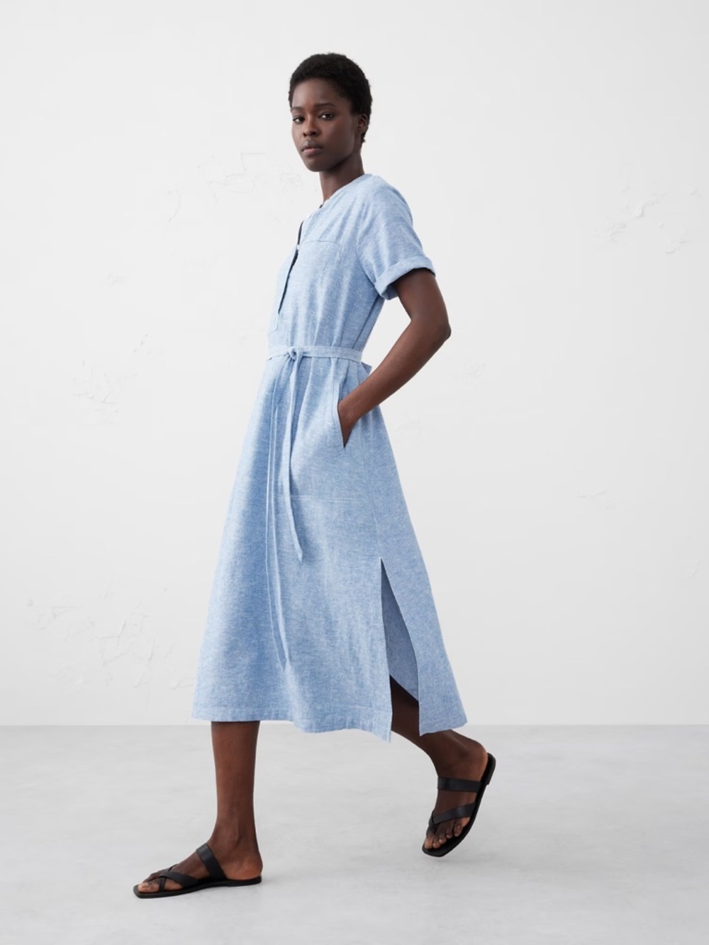 Banana Republic Factory Utility Striped Linen Blend Midi Dress Antique Blue S